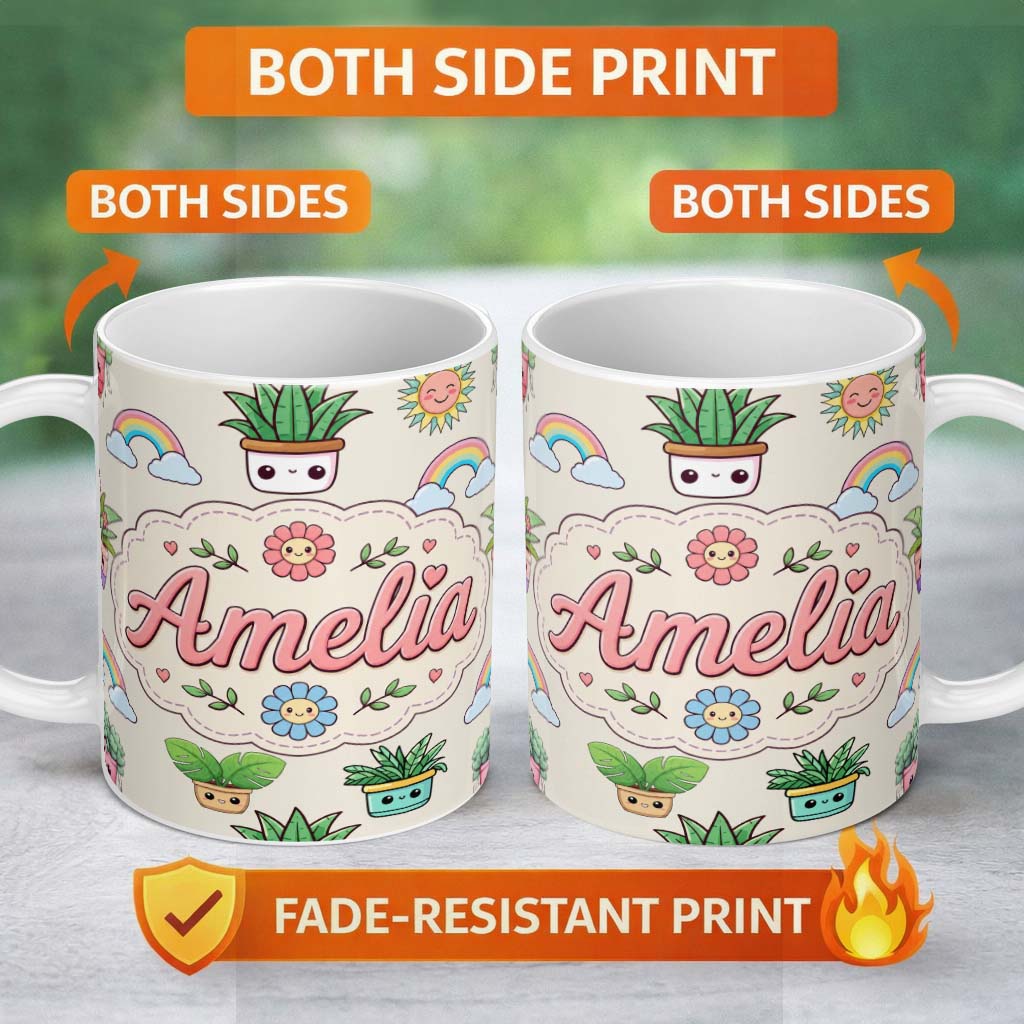 Personalized Custom Name Cute Kawaii Rainbow Sun Flowers Plant Pots Seamless Pattern Cream 11oz Ceramic Coffee Tea Mug White Large Handle