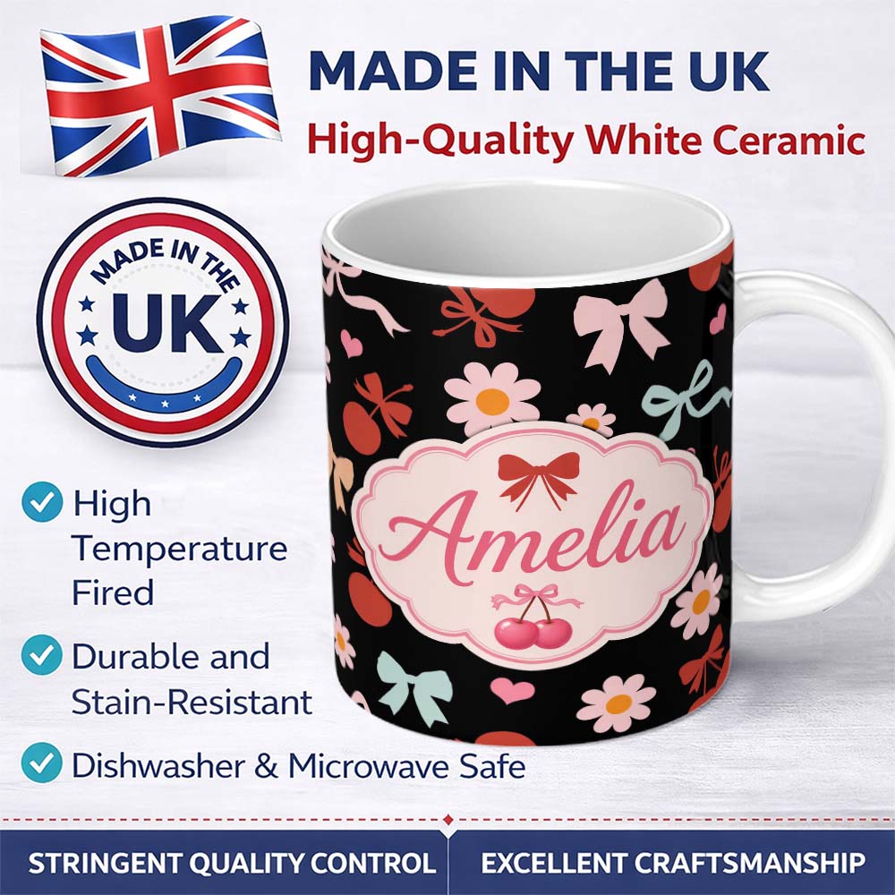 Personalized Custom Name Cute Cherry Bow Daisy Heart Seamless Pattern on Black Background 11oz Ceramic Coffee Tea Mug White Large Handle