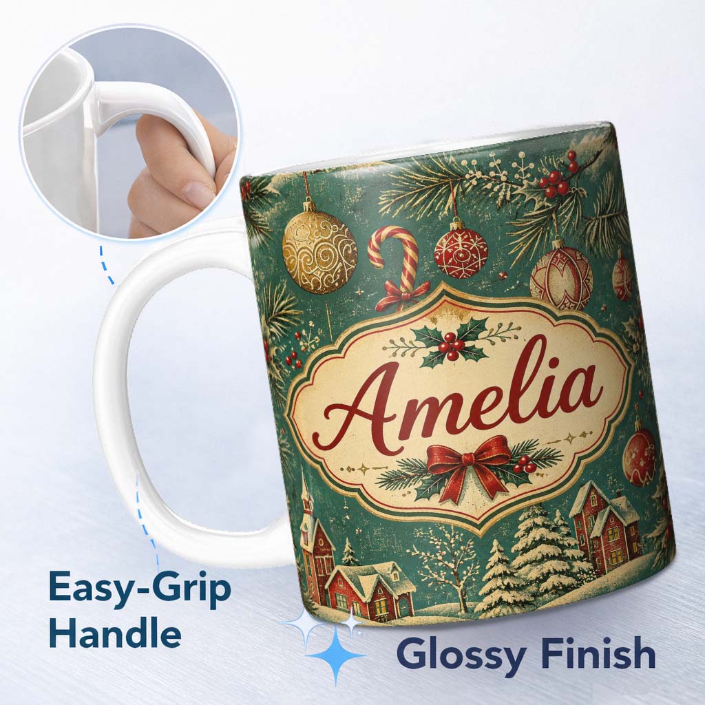 Personalized Custom Name Vintage Christmas Ornament Holly Candy Cane Festive Seamless Pattern 11oz Ceramic Coffee Tea Mug White Large Handle