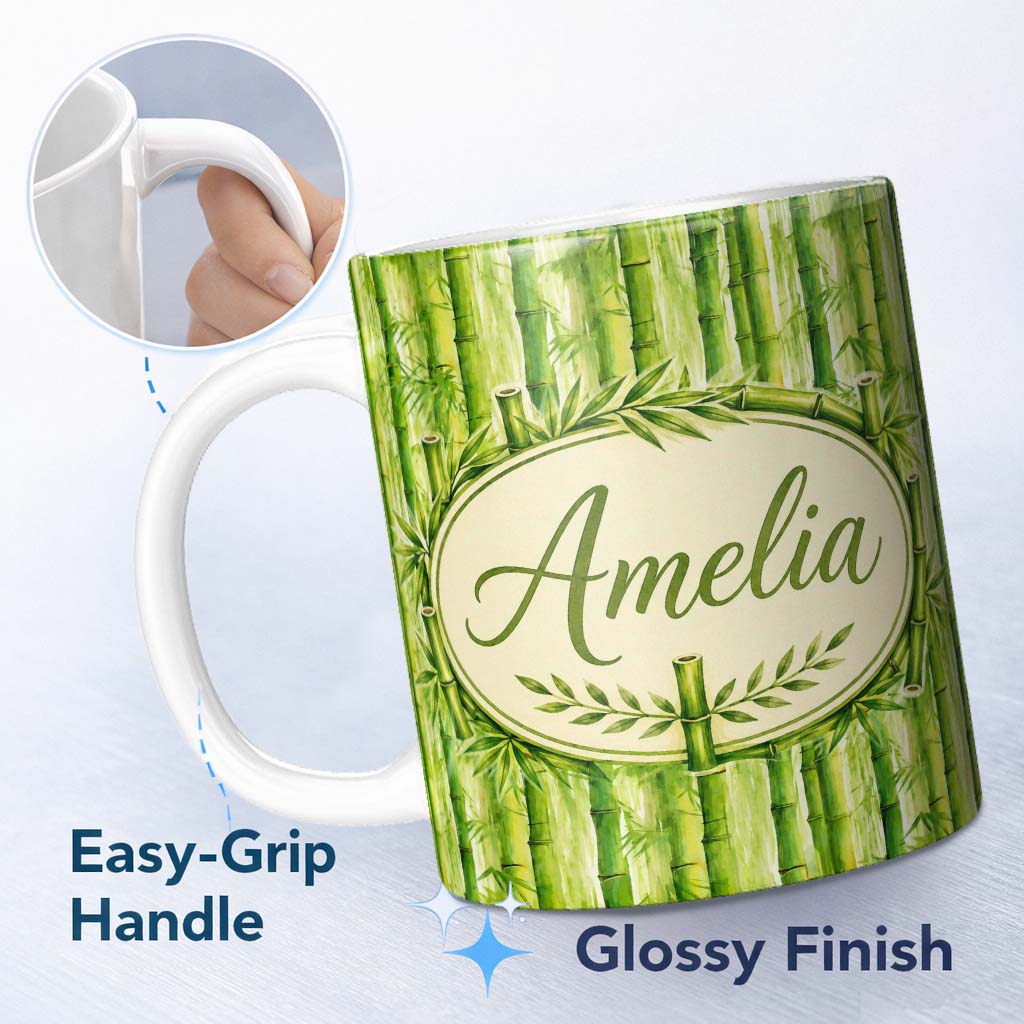 Personalized Custom Name Lush Green Bamboo Forest Watercolor Style Seamless Pattern Lovely 11oz Ceramic Coffee Tea Mug White Large Handle