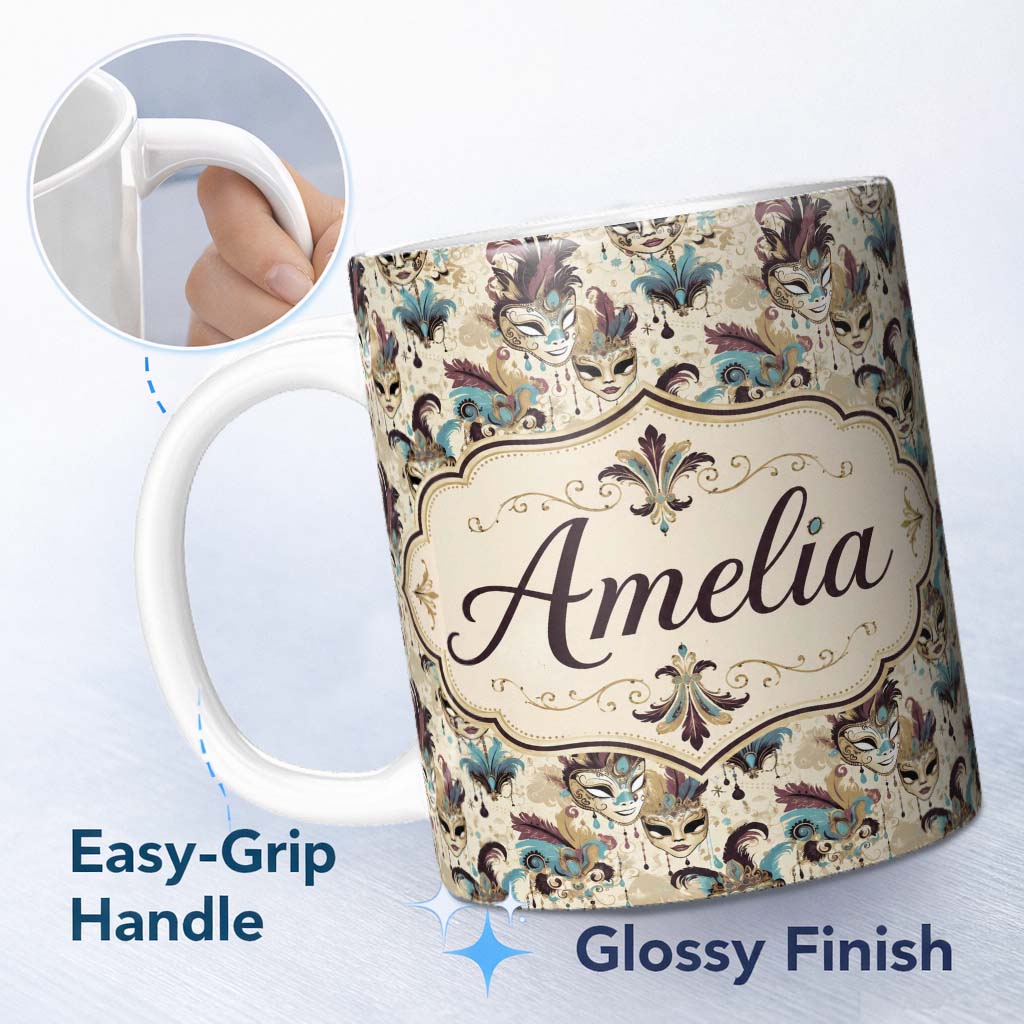 Personalized Custom Name Gold and Black Stylised Venetian Masks in Repeating Pattern Seamless 11oz Ceramic Coffee Tea Mug White Large Handle