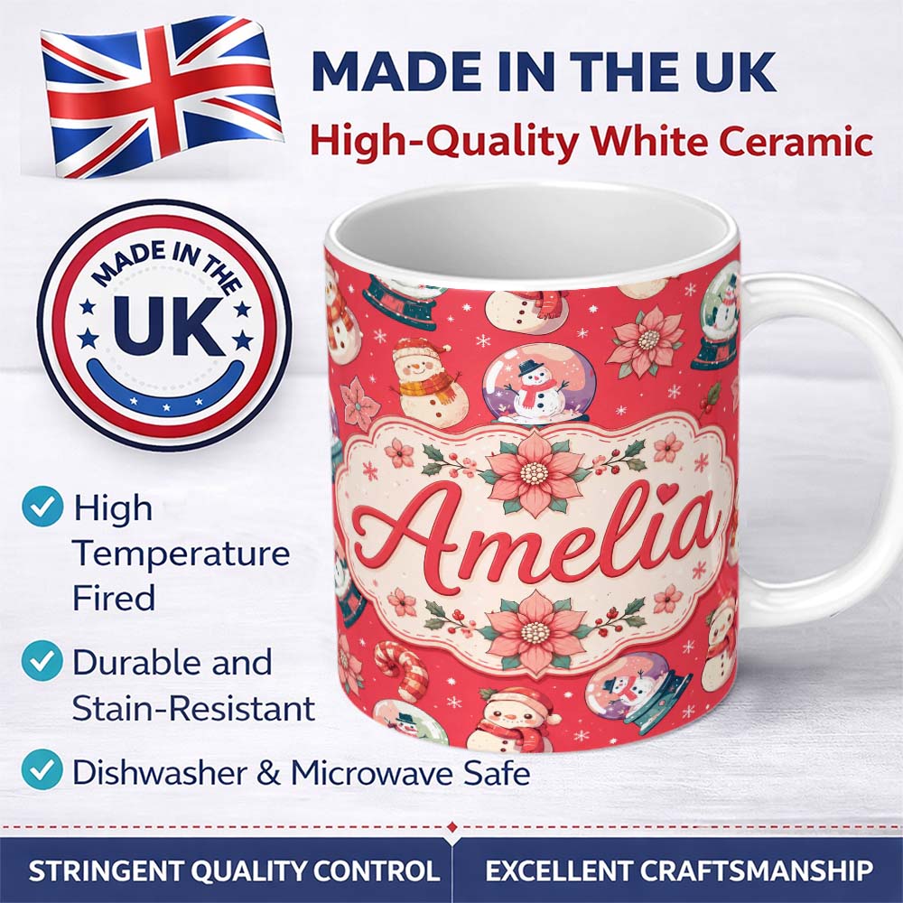 Personalized Custom Name Cute Snowman Snow Globe Poinsettia Flower Christmas Pattern Red 11oz Ceramic Coffee Tea Mug White Large Handle