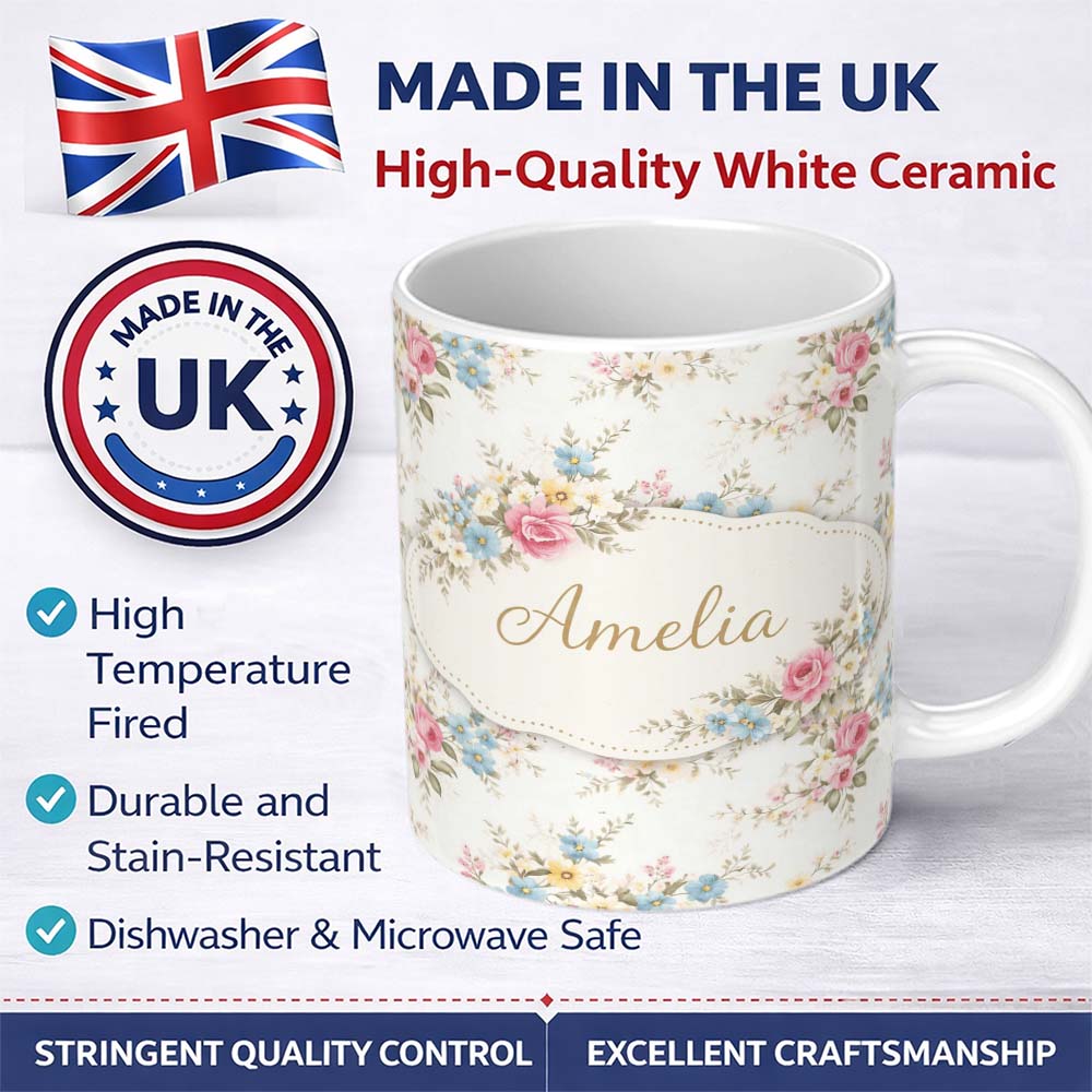 Personalized Custom Name Vintage Pastel Floral Seamless Pattern Stylish Everyday Mug Lovely 11oz Ceramic Coffee Tea Mug White Large Handle