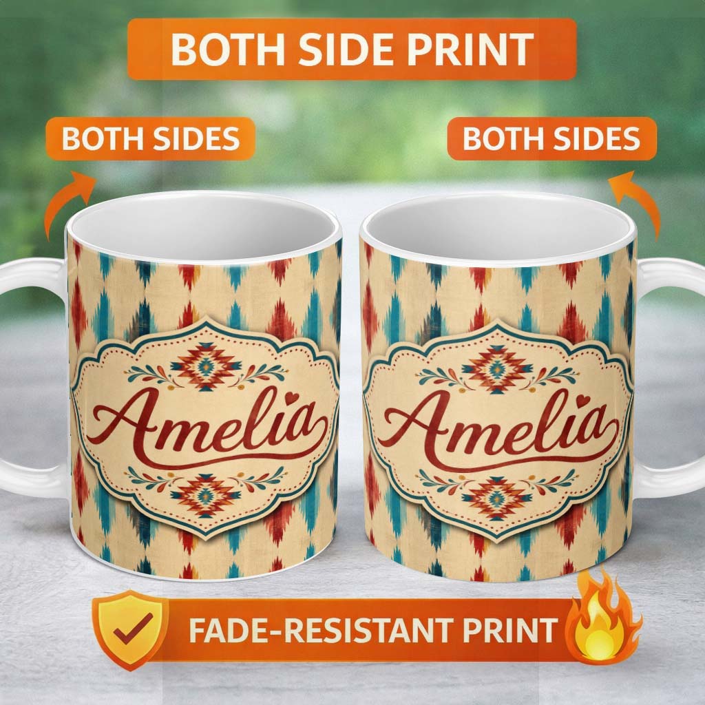 Personalized Custom Name Southwestern Diamond Ikat Pattern in Earthy Tones Seamless Pattern 11oz Ceramic Coffee Tea Mug White Large Handle