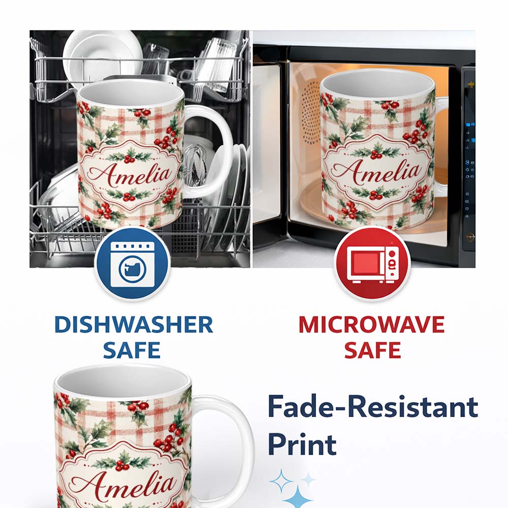 Personalized Custom Name Watercolor Holly Berry Plaid Background Seamless Pattern Lovely 11oz Ceramic Coffee Tea Mug White Large Handle