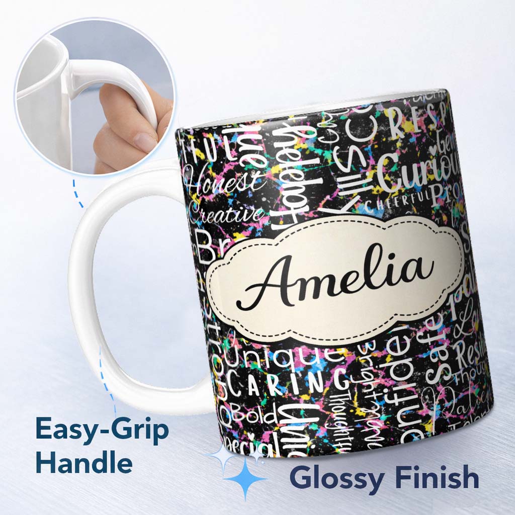 Personalized Custom Name Pink Glitter Typography Black Motivational Word Pattern Lovely 11oz Ceramic Coffee Tea Mug White Large Handle