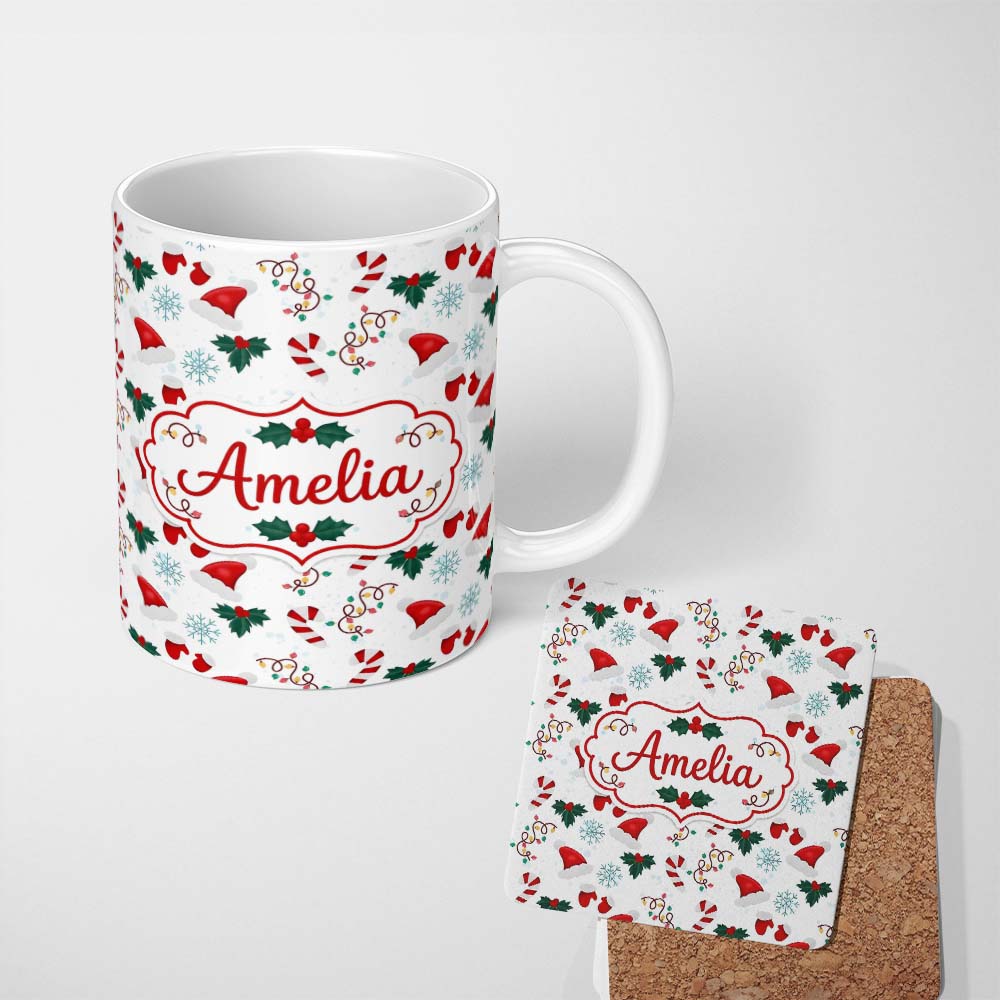 Personalized Custom Name Christmas Hat Mittens Lights Candy Cane Seamless Pattern Lovely 11oz Ceramic Coffee Tea Mug White Large Handle
