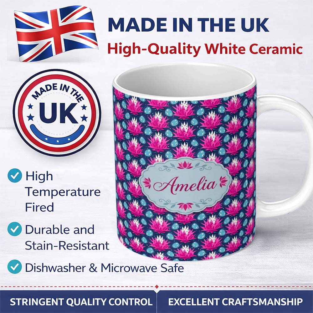 Personalized Custom Name Pink Lotus Flower and Seed Pods Seamless Pattern Cute Unique Gift 11oz Ceramic Coffee Tea Mug White Large Handle