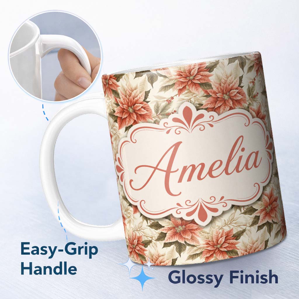 Personalized Custom Name Vintage Cream Poinsettia Floral Botanical Christmas Seamless Pattern 11oz Ceramic Coffee Tea Mug White Large Handle