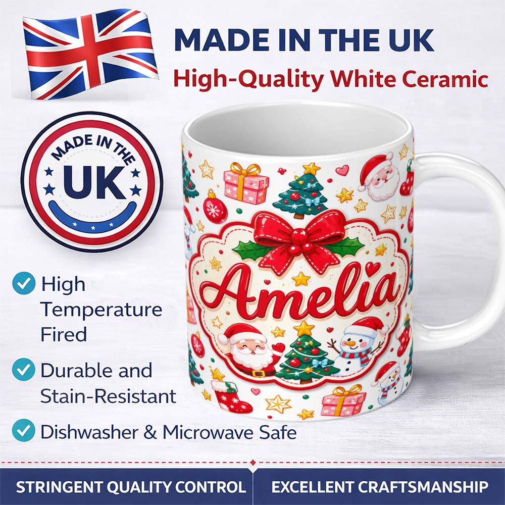 Personalized Custom Name Cute Christmas Tree Snowman Gift Box Ornament Seamless Pattern 11oz Ceramic Coffee Tea Mug White Large Handle