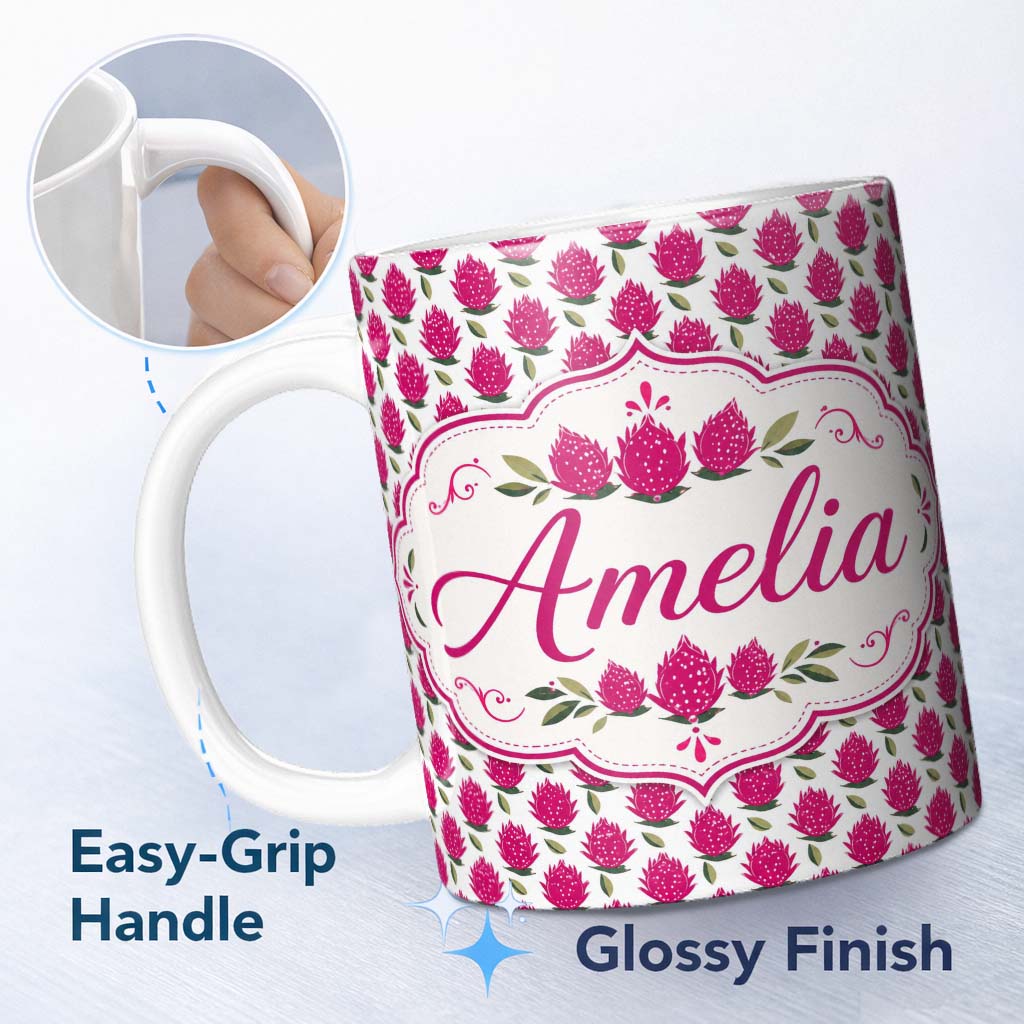 Personalized Custom Name Stylized Dragon Fruit Botanical Seamless Pattern Cute Unique Gift 11oz Ceramic Coffee Tea Mug White Large Handle