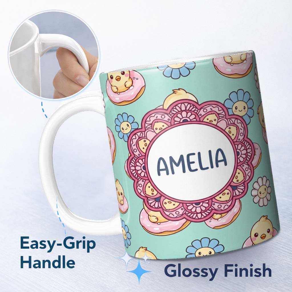 Personalized Custom Name Cute Baby Chick Donut Flowers Seamless Pattern Mint Background 11oz Ceramic Coffee Tea Mug White Large Handle