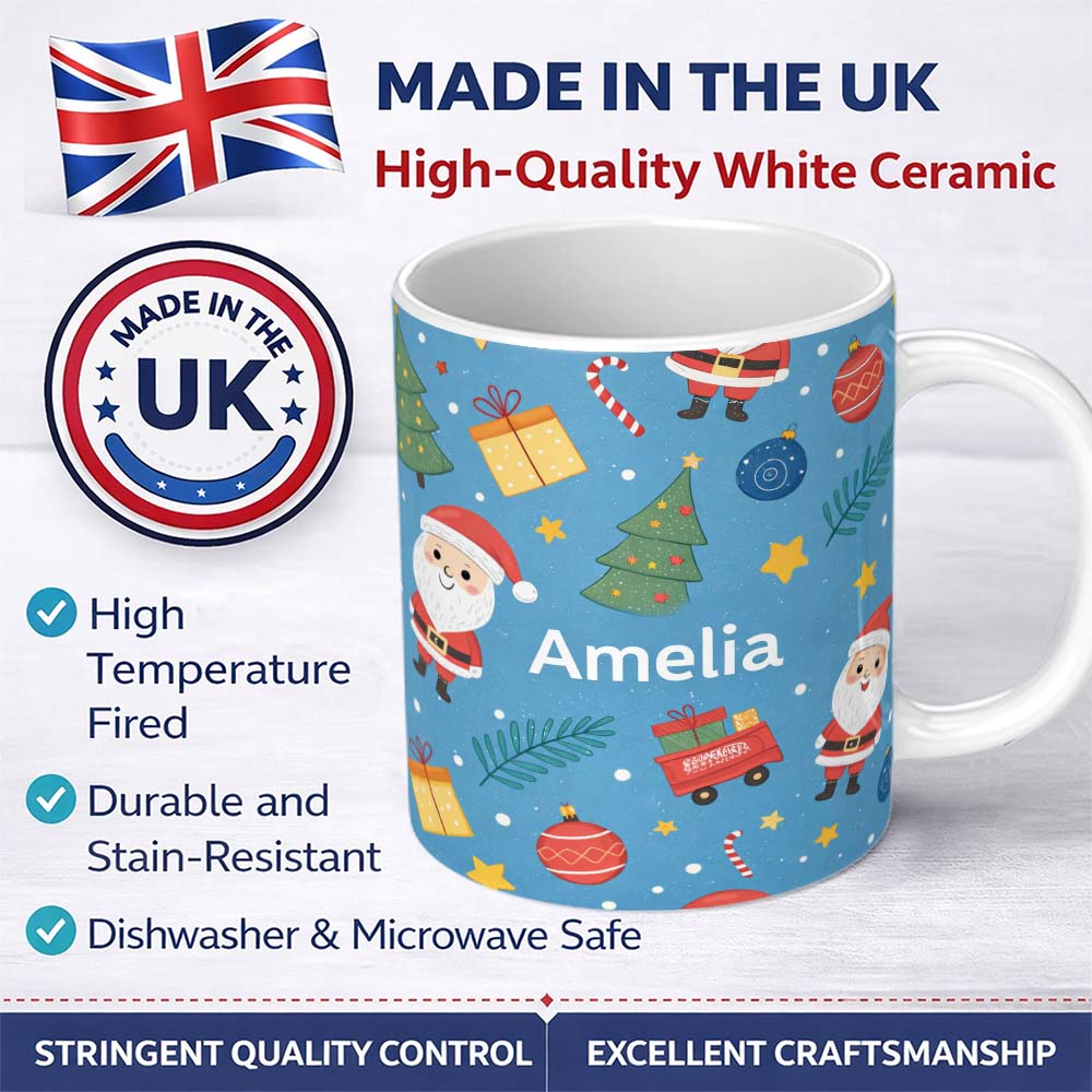 Personalized Custom Name Cute Santa Gifts Christmas Tree Blue Festive Seamless Pattern Lovely 11oz Ceramic Coffee Tea Mug White Large Handle