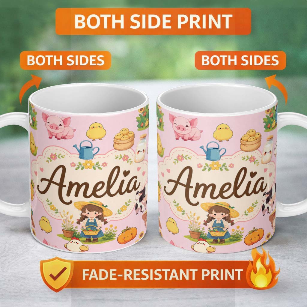 Personalized Custom Name Cute Farm Animals Girl Pig Cow Chicken Soft Pink Background Seamless 11oz Ceramic Coffee Tea Mug White Large Handle