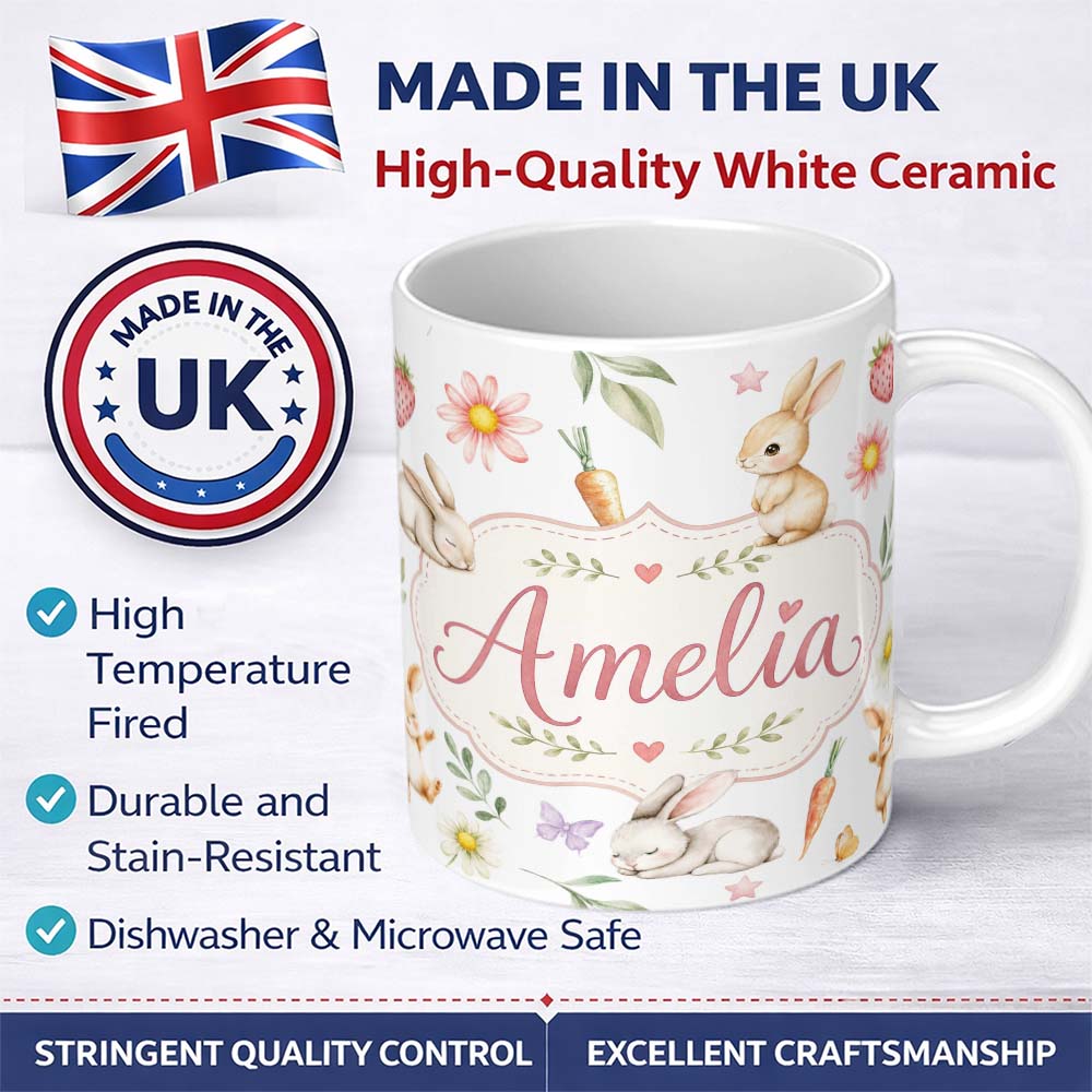 Personalized Custom Name Cute Easter Bunnies with Flowers Carrots White Background Seamless 11oz Ceramic Coffee Tea Mug White Large Handle