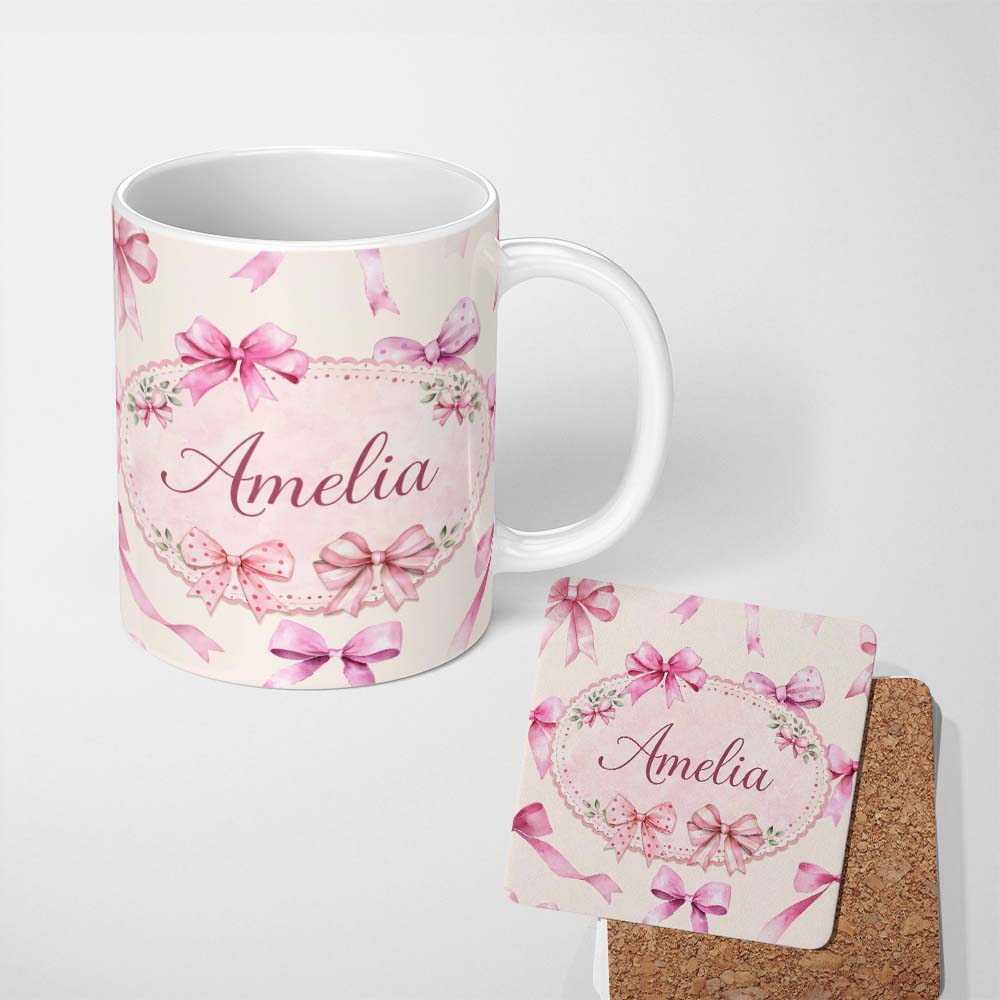 Personalized Custom Name Watercolor Pink Ribbon Bow Seamless Pattern on Soft Pink Background 11oz Ceramic Coffee Tea Mug White Large Handle