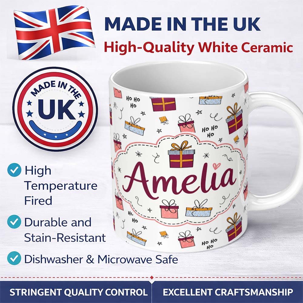 Personalized Custom Name Cute Christmas Gift Boxes Ho Ho Doodle Seamless Pattern Lovely 11oz Ceramic Coffee Tea Mug White Large Handle