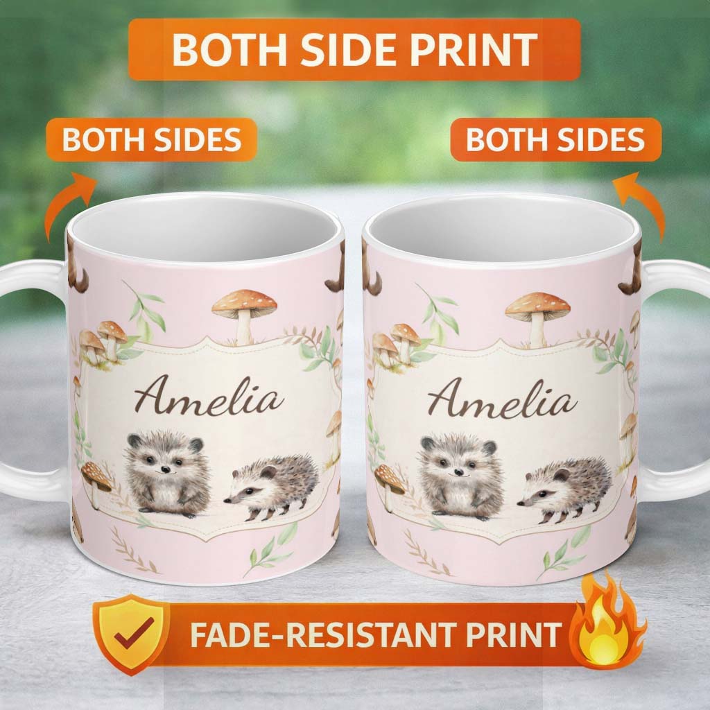 Personalized Custom Name Cute Woodland Hedgehog Mushrooms Leaves Seamless Pattern Soft Blush 11oz Ceramic Coffee Tea Mug White Large Handle