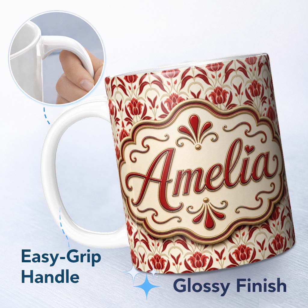 Personalized Custom Name Vintage Red Tulip Floral Symmetrical Pattern Seamless Pattern Lovely 11oz Ceramic Coffee Tea Mug White Large Handle