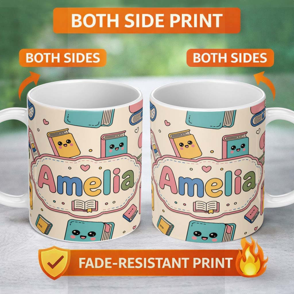 Personalized Custom Name Cute Kawaii Books and Study Elements Learning Seamless Pattern 11oz Ceramic Coffee Tea Mug White Large Handle