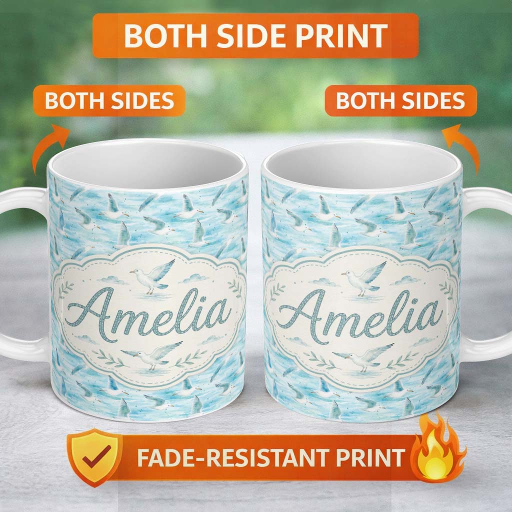 Personalized Custom Name Soft Watercolor Seagulls Ocean Breeze Seamless Pattern Lovely 11oz Ceramic Coffee Tea Mug White Large Handle