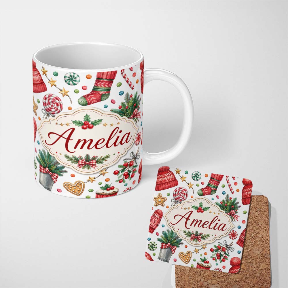 Personalized Custom Name Festive Candy Cane Cupcake Sweets Holiday Seamless Pattern Lovely 11oz Ceramic Coffee Tea Mug White Large Handle