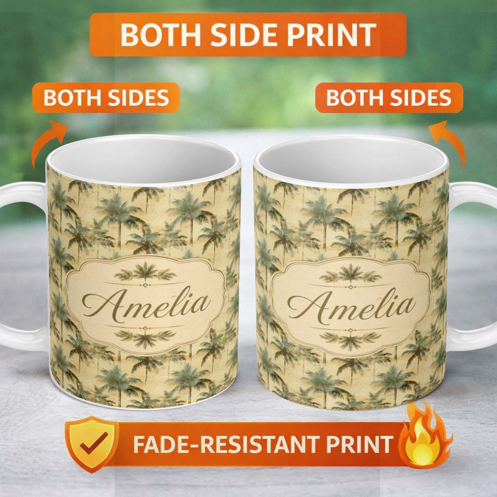 Personalized Custom Name Muted Coastal Palm Tree Pattern in Soft Green and Beige Tones Lovely 11oz Ceramic Coffee Tea Mug White Large Handle