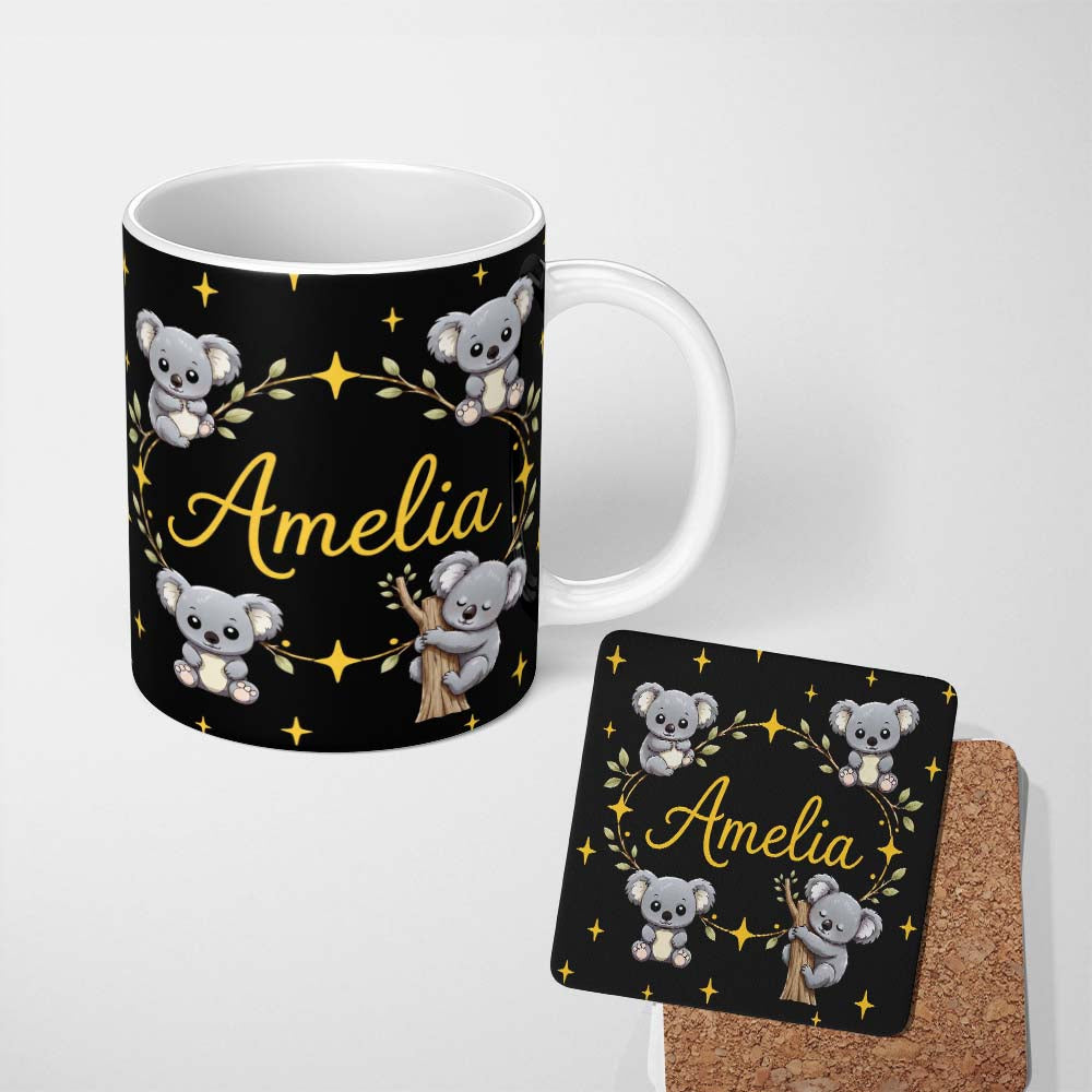 Personalized Custom Name Cute Cartoon Koala Bears with Yellow Stars on Black Background 11oz Ceramic Coffee Tea Mug White Large Handle