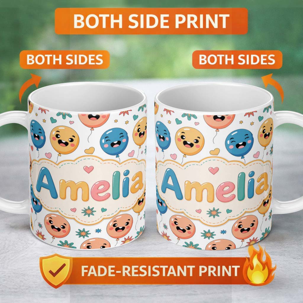 Personalized Custom Name Cute Smiling Balloons Hearts and Stars Fun Party Seamless Pattern 11oz Ceramic Coffee Tea Mug White Large Handle