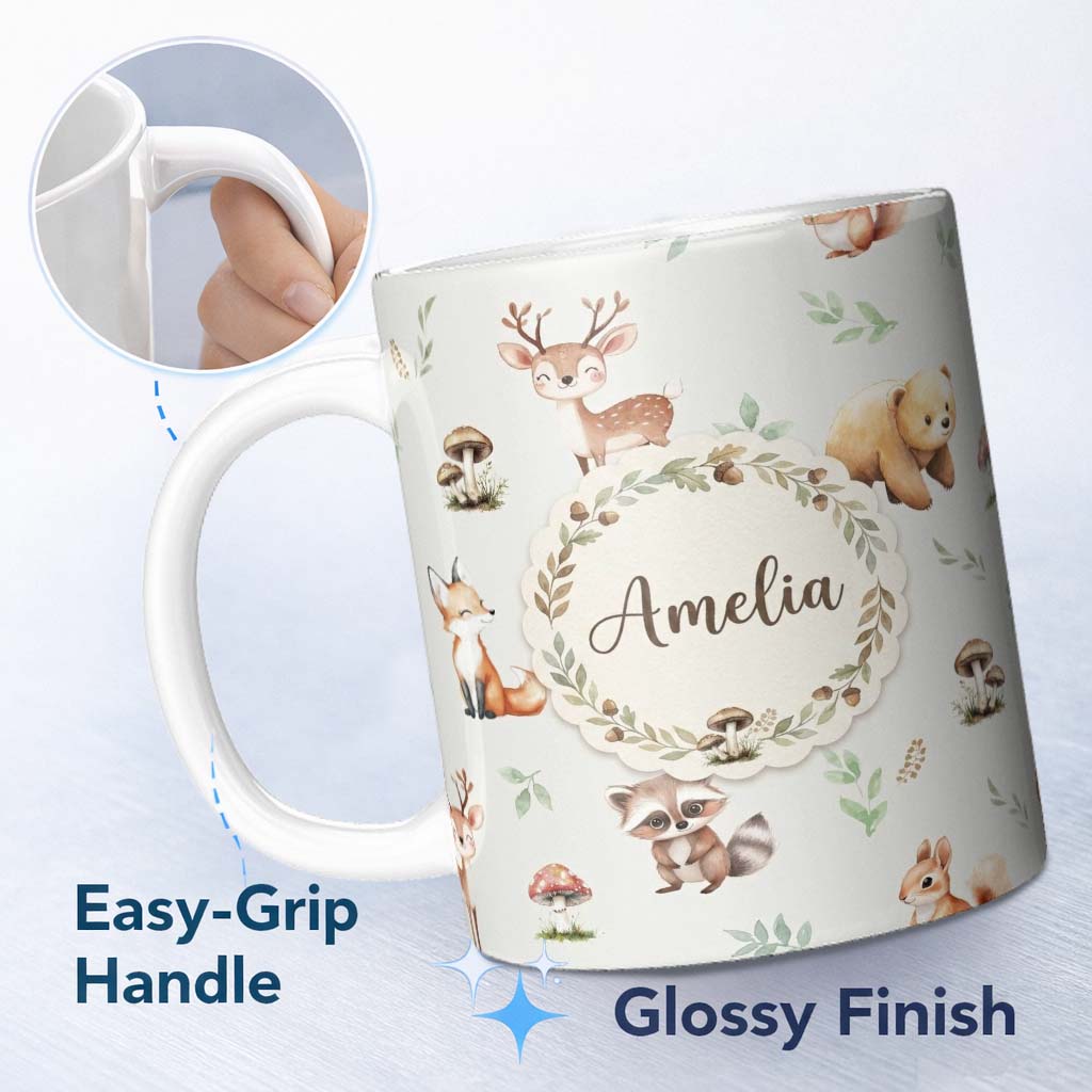 Personalized Custom Name Forest Animals Bear Deer Fox Owl Raccoon on Light Grey Seamless 11oz Ceramic Coffee Tea Mug White Large Handle