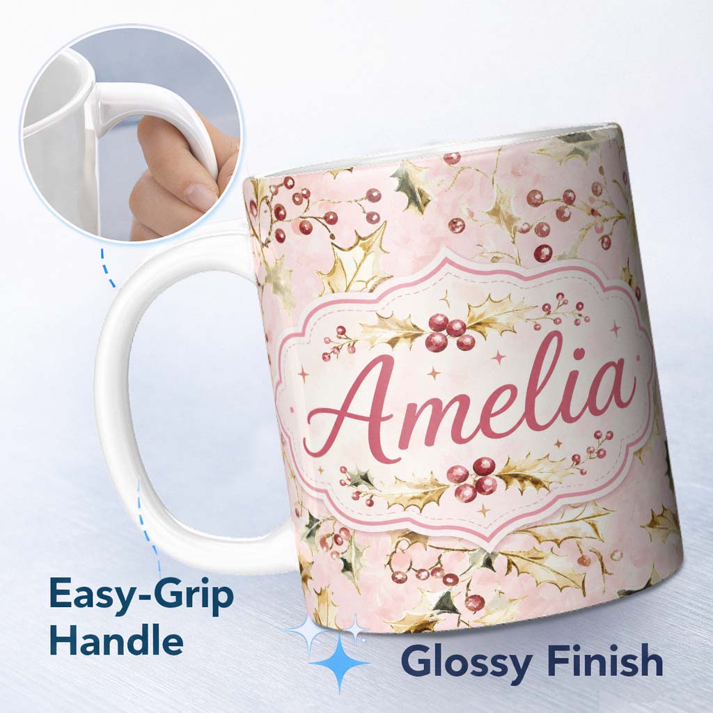 Personalized Custom Name Elegant Gold Holly Berry Pink Background Seamless Pattern Lovely 11oz Ceramic Coffee Tea Mug White Large Handle