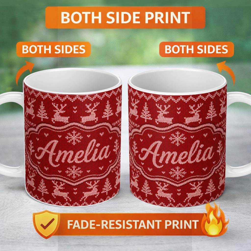 Personalized Custom Name RedNordic Knit Heart Snowflake Pattern Christmas Sweater Style 11oz Ceramic Coffee Tea Mug White Large Handle