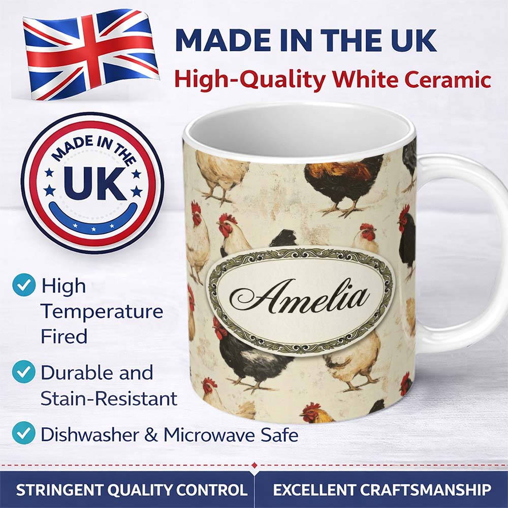 Personalized Custom Name Country Farm Chicken Variety Illustration Seamless Pattern Lovely 11oz Ceramic Coffee Tea Mug White Large Handle