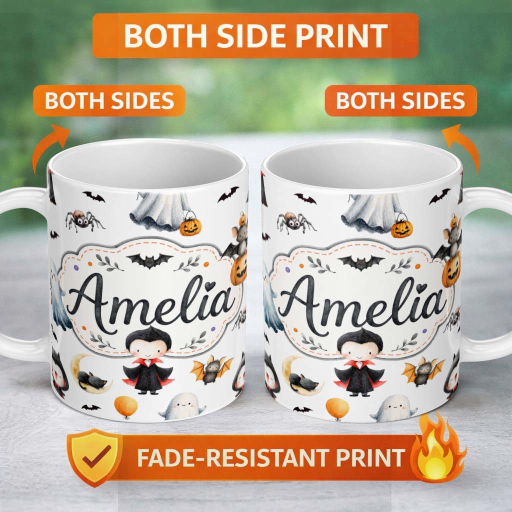 Personalized Custom Name Halloween Vampire Ghost Bats Spooky Characters Light Grey Seamless 11oz Ceramic Coffee Tea Mug White Large Handle