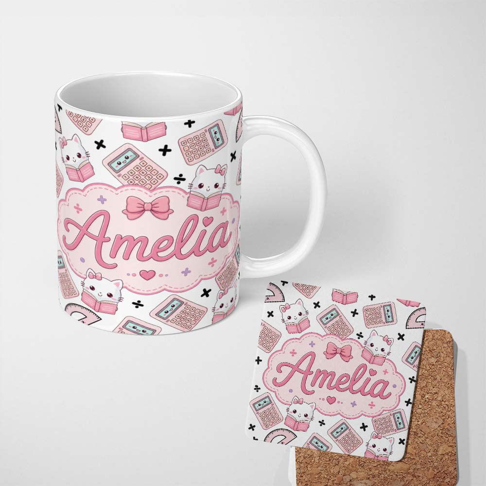 Personalized Custom Name Cute Kawaii Maths Cat Calculator Ruler Seamless Pattern White Lovely 11oz Ceramic Coffee Tea Mug White Large Handle