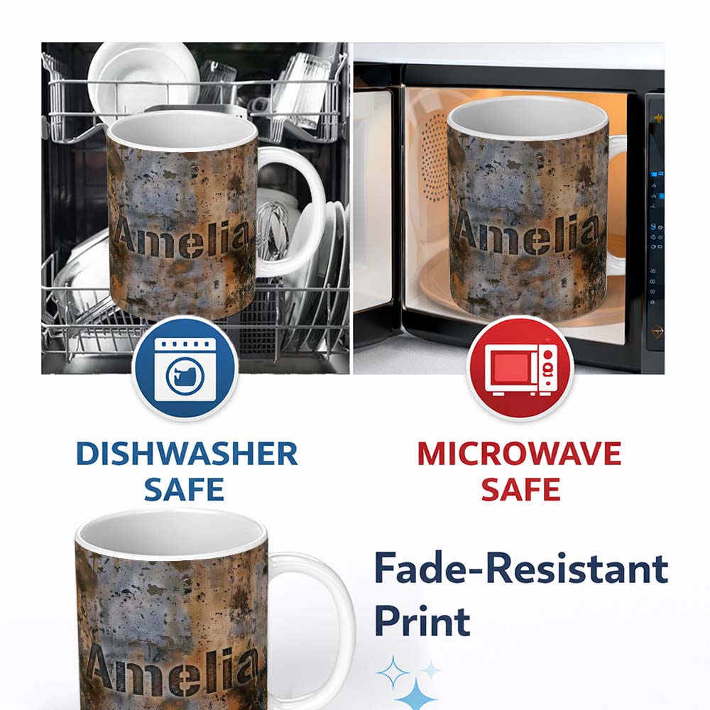 Personalized Custom Name Weathered Metal Rust Texture Seamless Pattern Industrial Grunge 11oz Ceramic Coffee Tea Mug White Large Handle