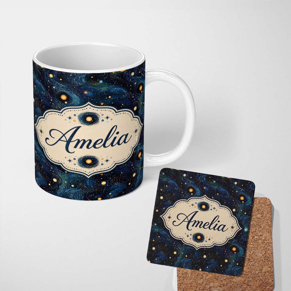 Personalized Custom Name Blue Swirling Starfield Galaxy Space Seamless Pattern Night Cosmic 11oz Ceramic Coffee Tea Mug White Large Handle