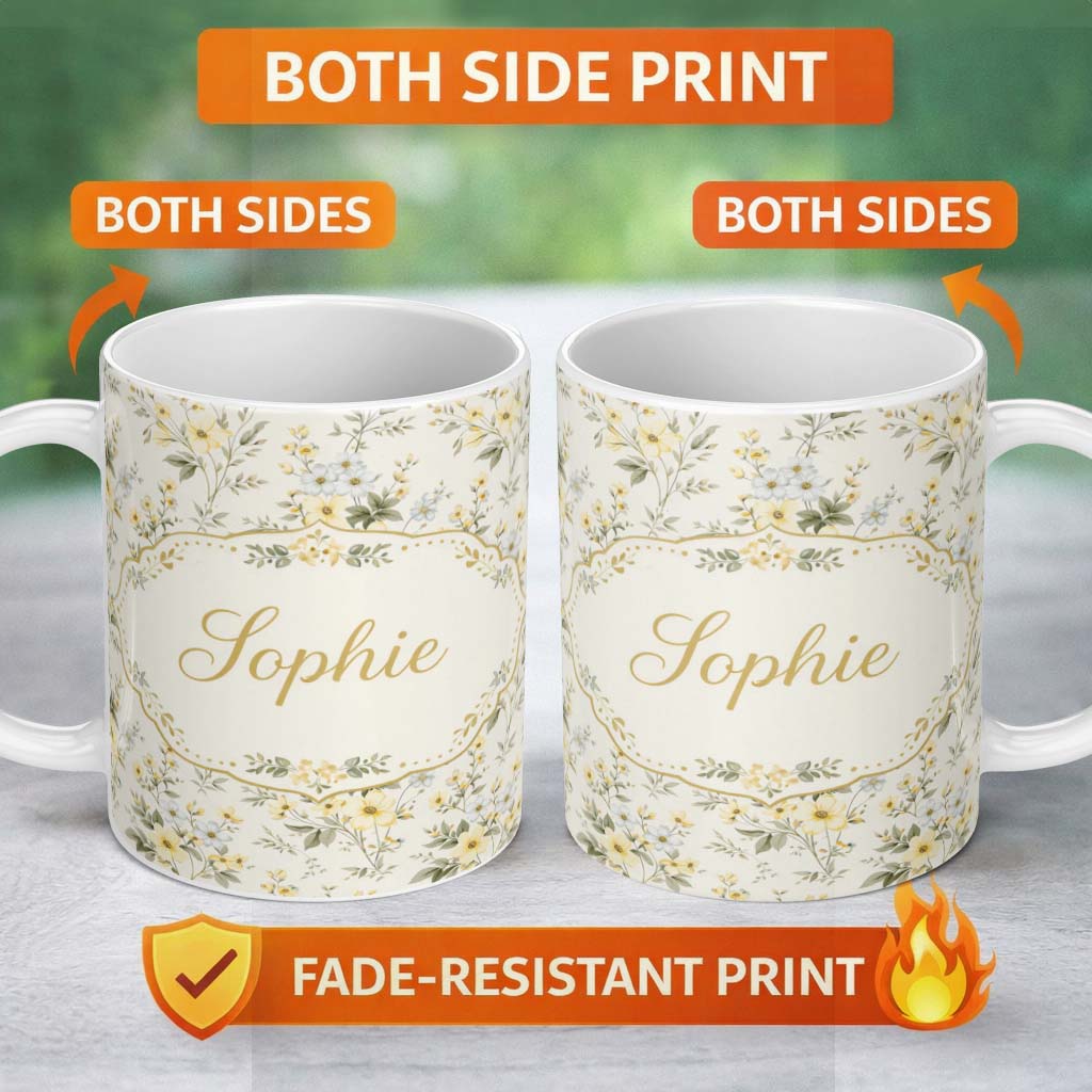 Personalized Custom Name Soft Yellow and White Floral Pattern Cream Background Seamless 11oz Ceramic Coffee Tea Mug White Large Handle