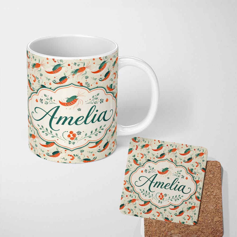 Personalized Custom Name Cute Shrimp with Green Botanical Elements Seamless Pattern Lovely 11oz Ceramic Coffee Tea Mug White Large Handle