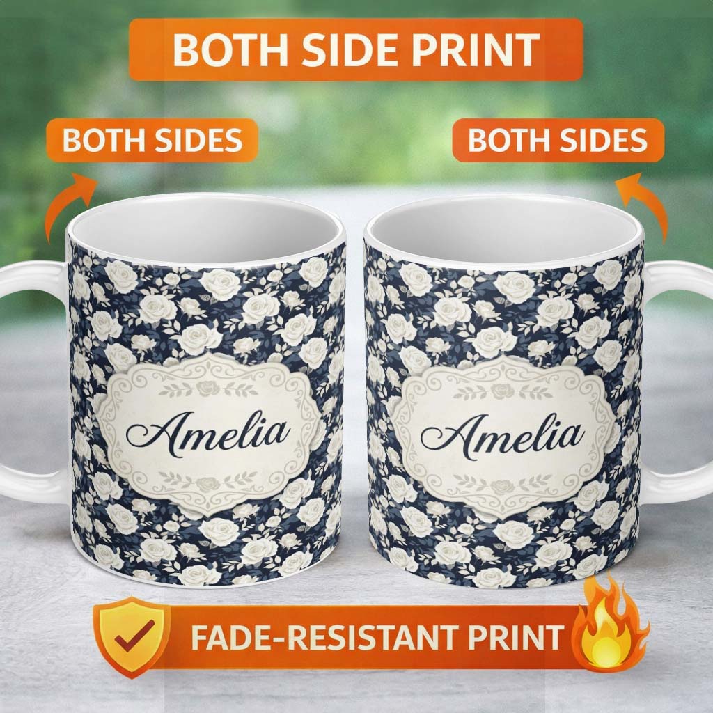 Personalized Custom Name White Rose Floral Pattern on Navy Blue Background Seamless Pattern 11oz Ceramic Coffee Tea Mug White Large Handle