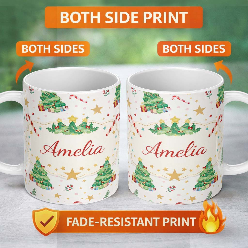 Personalized Custom Name Watercolor Christmas Tree Candy Cane Pattern Festive Seamless Design 11oz Ceramic Coffee Tea Mug White Large Handle