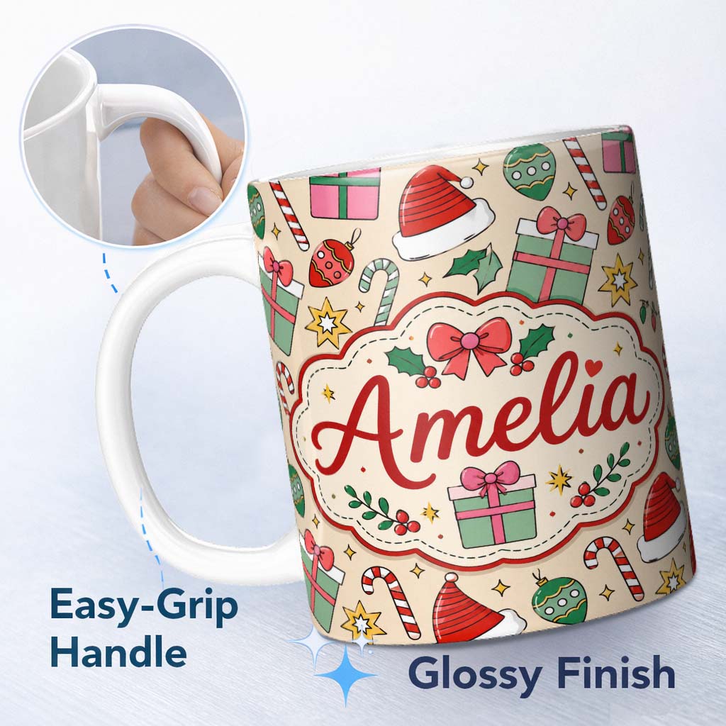 Personalized Custom Name Cute Christmas Gifts Candy Canes Baubles Santa Hat Festive Seamless 11oz Ceramic Coffee Tea Mug White Large Handle