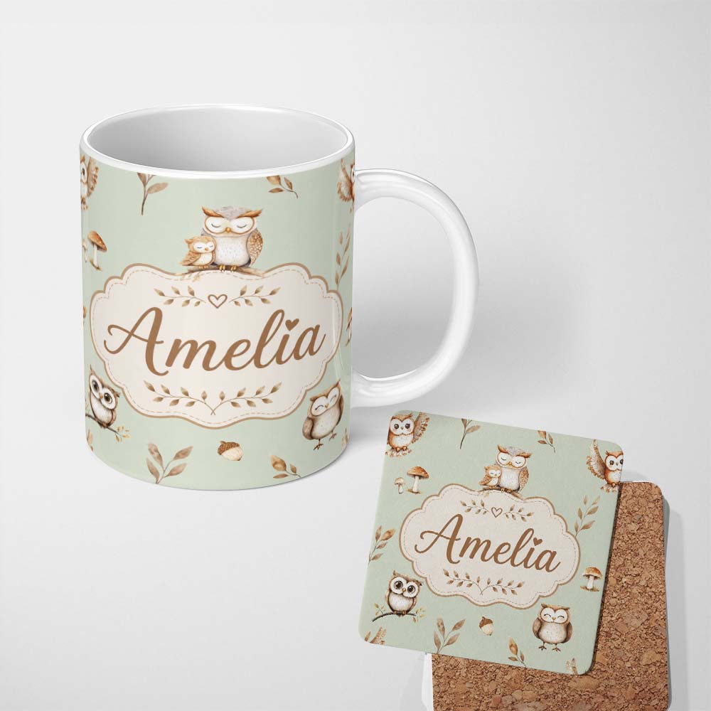 Personalized Custom Name Cute Woodland Owls Mushrooms and Leaves Sage Green Background Lovely 11oz Ceramic Coffee Tea Mug White Large Handle