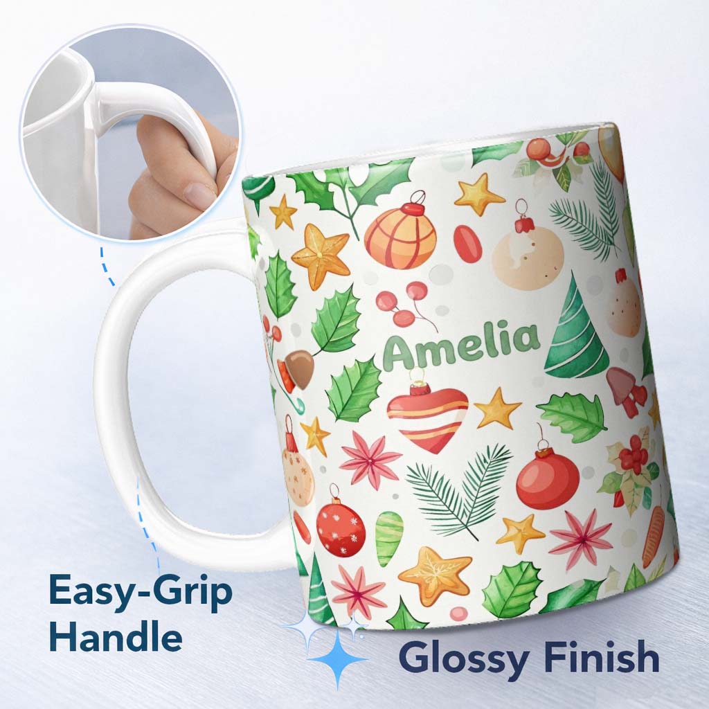 Personalized Custom Name Colorful Christmas Ornament Holly Star Festive Seamless Pattern 11oz Ceramic Coffee Tea Mug White Large Handle