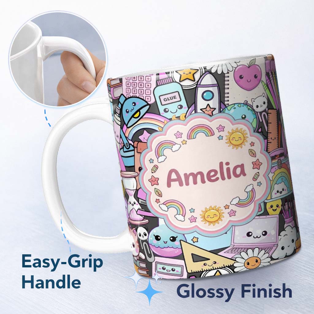 Personalized Custom Name Cute Kawaii School Supplies Rainbow Sun Globe Notebook Pattern Grey 11oz Ceramic Coffee Tea Mug White Large Handle