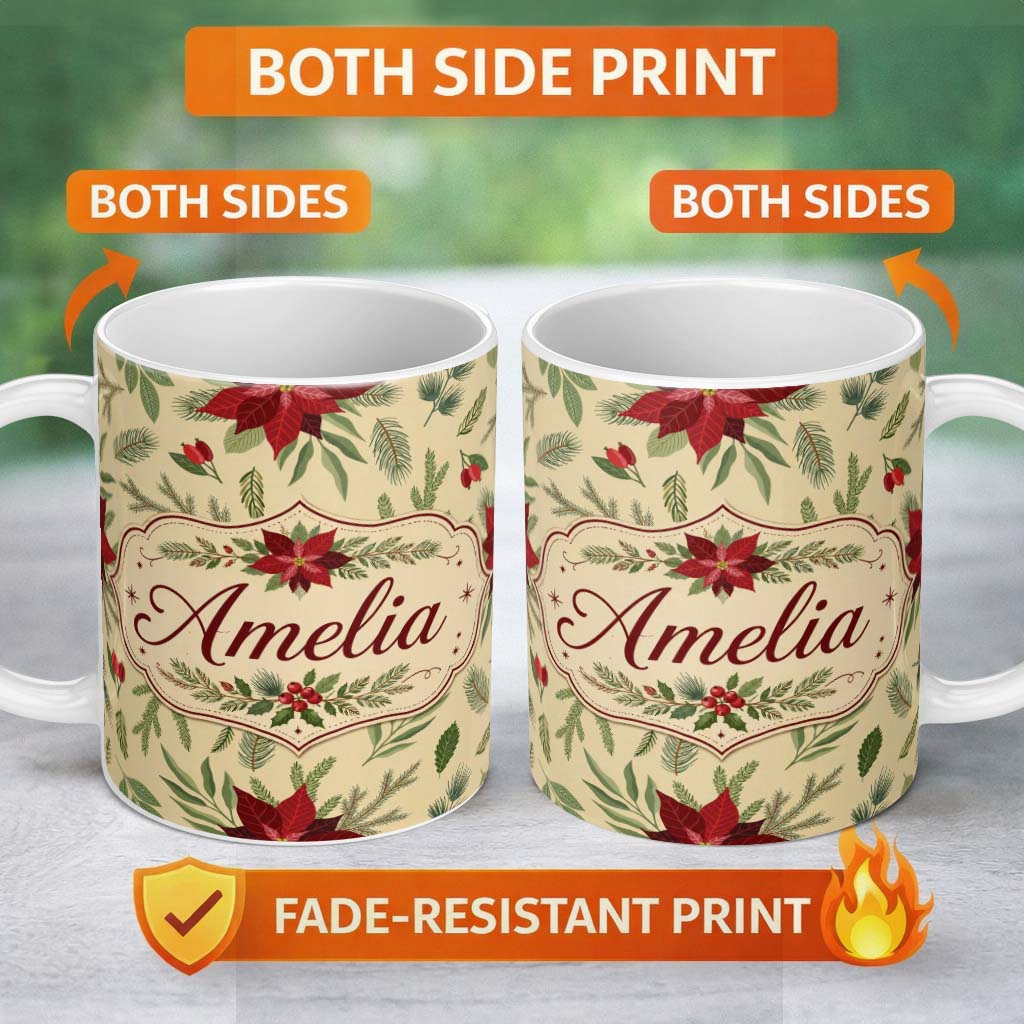 Personalized Custom Name Minimal Christmas Botanical Leaves Pine Branches Festive Holiday 11oz Ceramic Coffee Tea Mug White Large Handle