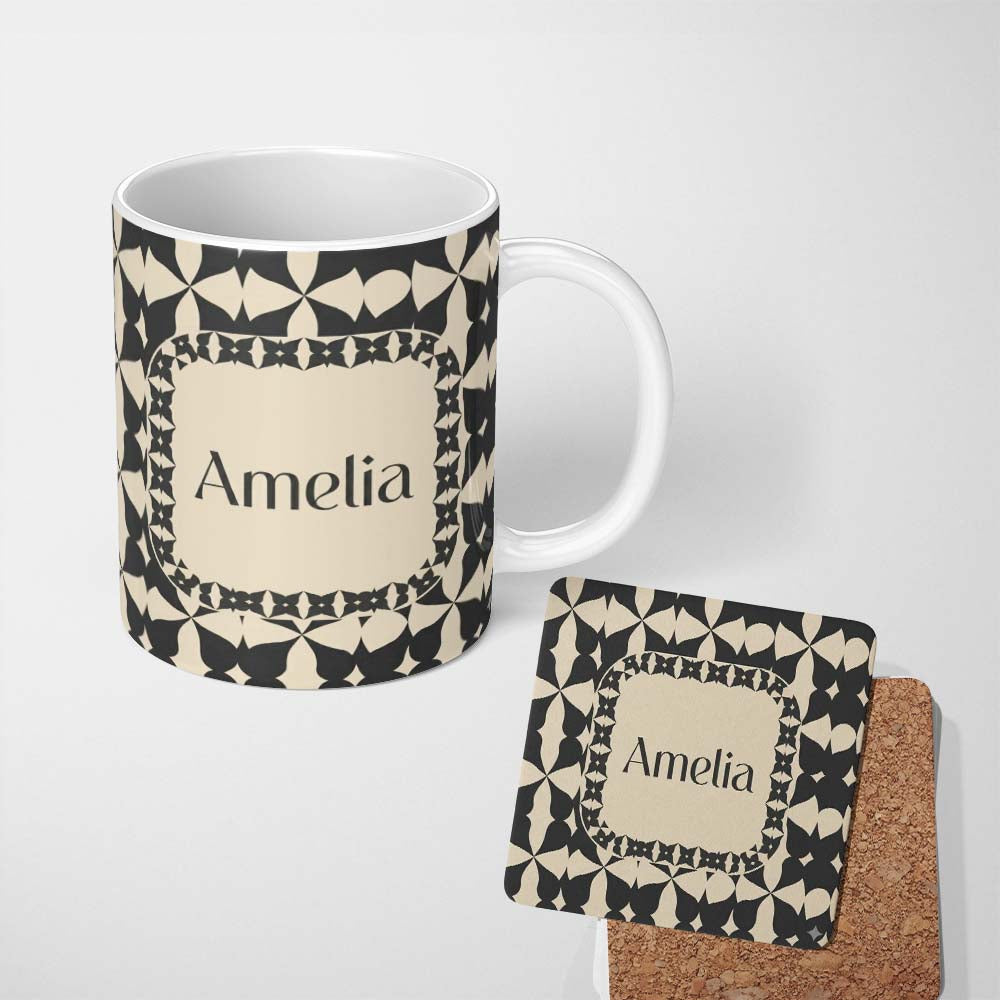 Personalized Custom Name Symmetrical Petal Tile Black Cream Geometric Floral Pattern Lovely 11oz Ceramic Coffee Tea Mug White Large Handle