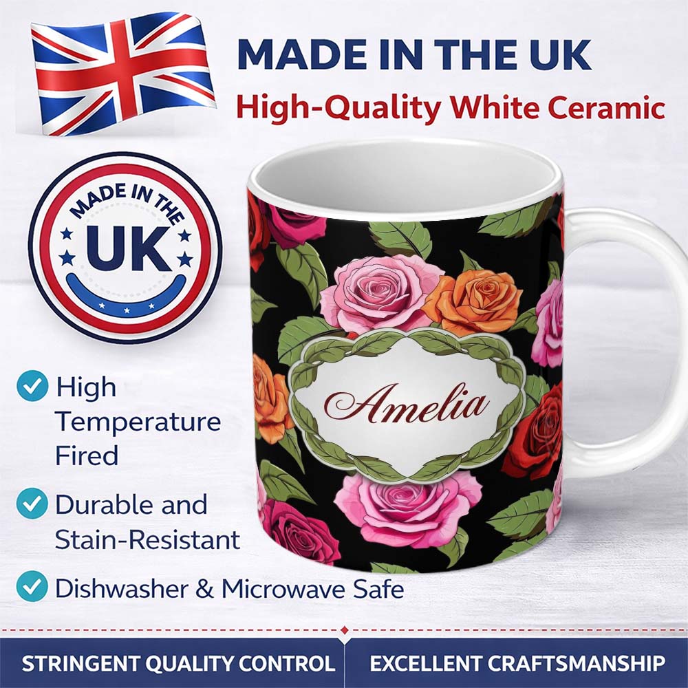 Personalized Custom Name Realistic Rose Flower Seamless Pattern Red Pink Floral Botanical 11oz Ceramic Coffee Tea Mug White Large Handle