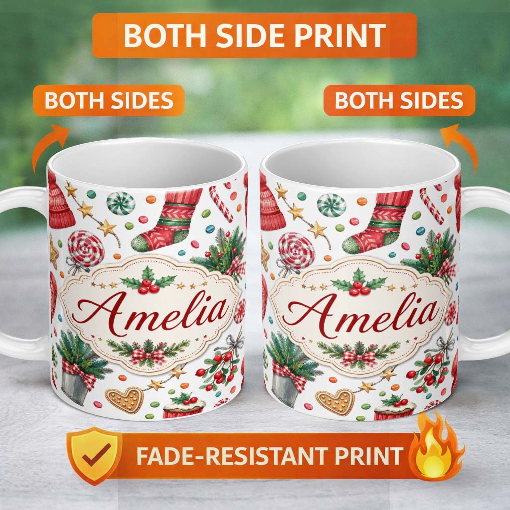 Personalized Custom Name Festive Candy Cane Cupcake Sweets Holiday Seamless Pattern Lovely 11oz Ceramic Coffee Tea Mug White Large Handle
