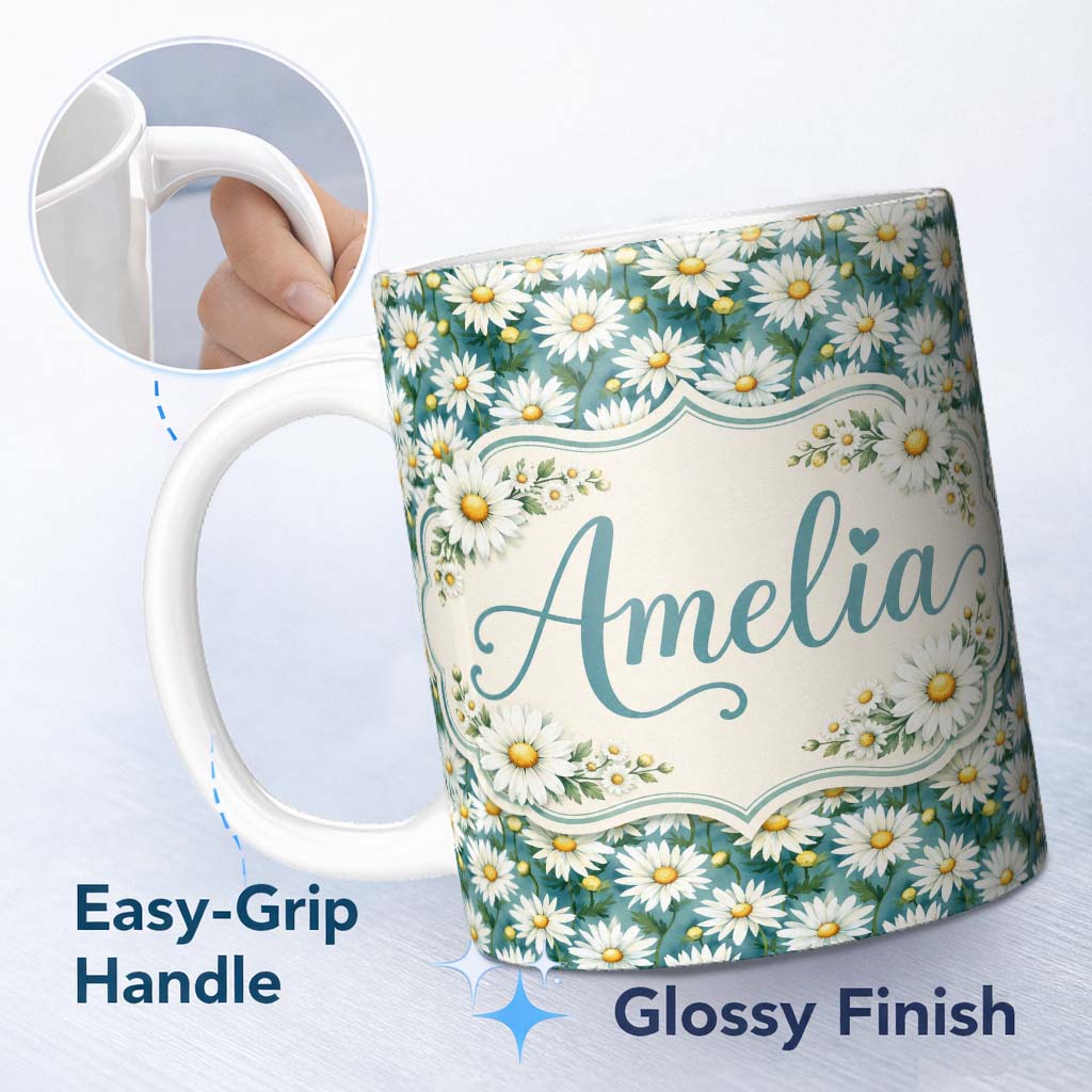 Personalized Custom Name Teal Background White Daisy Garden Seamless Pattern Cute Unique Gift 11oz Ceramic Coffee Tea Mug White Large Handle